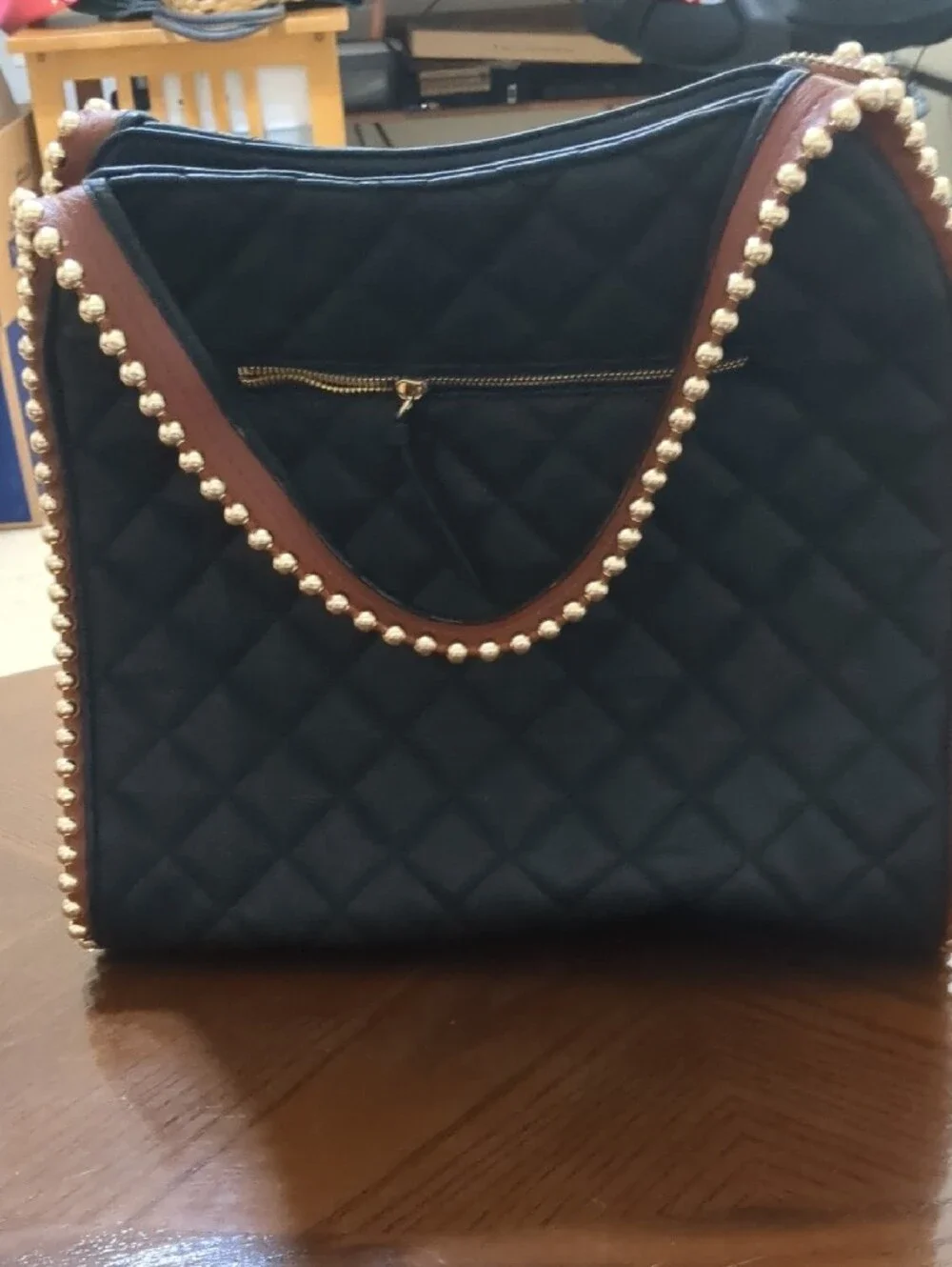 Big Buddha Black Quilted Vegan Leather Bag with Multicolor Geometric Lining